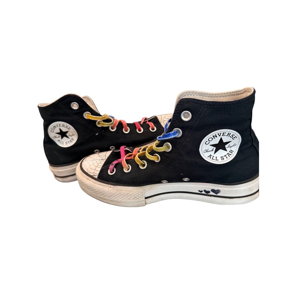 Converse All Star High Top Black Spider Web Rainbow Laces Homemade Upcycled Sz 7